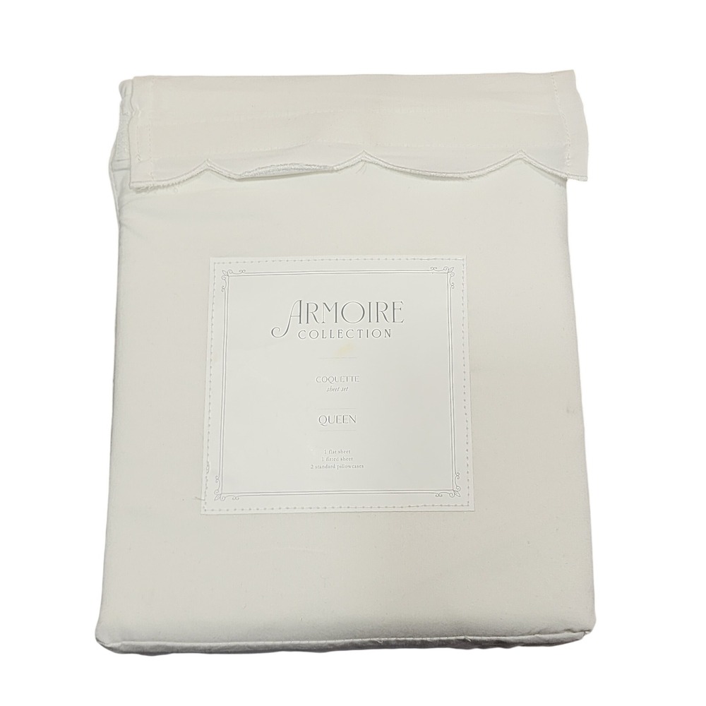 Armoire Collection Coquette Queen Sheet Set White Scalloped‎ Edge 4pc